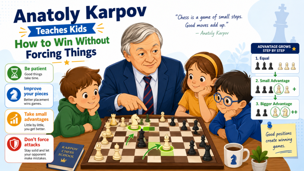Anatoly Karpov is one of the best players for kids who need to learn calm control. His games do not always look loud at first. There may not be a quick checkmate. There may not be a big sacrifice. But after a few moves, something becomes clear. His opponent has less space, fewer good moves, and more problems to solve.