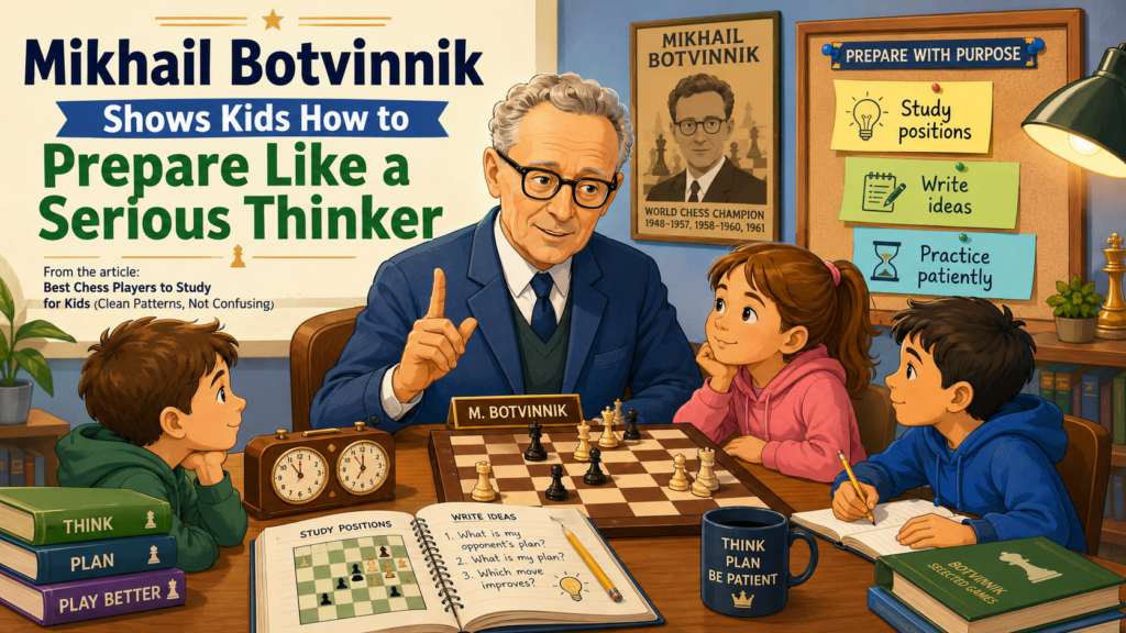 Mikhail Botvinnik is a great player for kids who are ready to learn discipline. His games are clean in a different way. They show structure, planning, and deep respect for preparation. He treated chess like serious learning, not like random guessing.