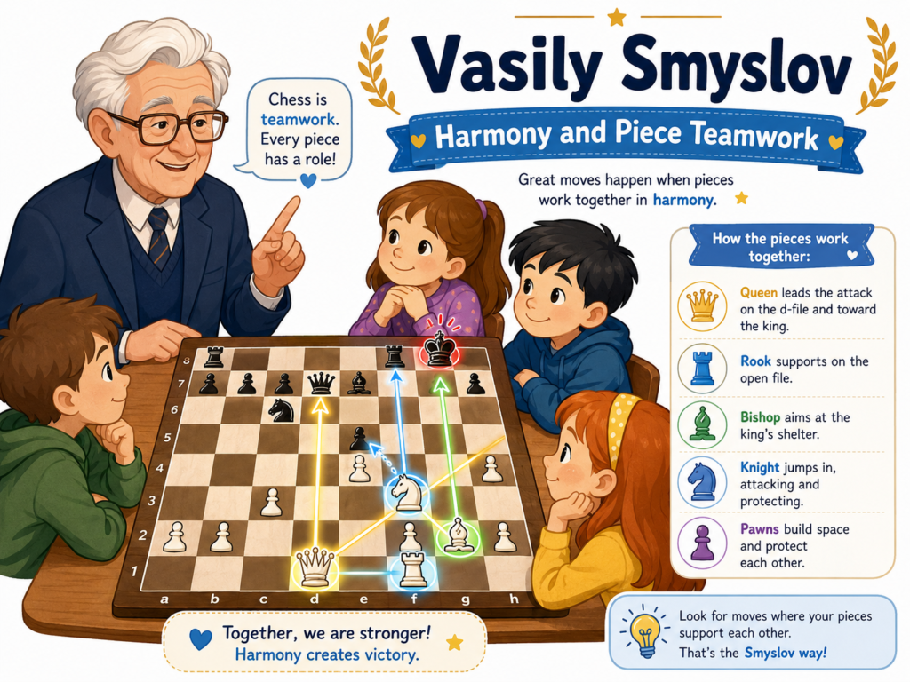 Vasily Smyslov is one of the best players for kids to study when they are ready to understand harmony. Harmony in chess means the pieces work well together. No piece feels lonely. No piece is stuck without a job. The whole position feels balanced and smooth.