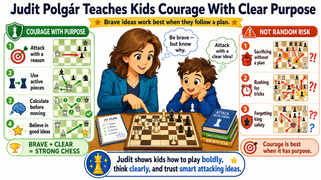 Judit Polgár is one of the best players for kids to study because her games are brave, direct, and full of purpose. She showed the chess world that courage matters. She attacked world champions. She played strong moves against the strongest players. She trusted her ideas and worked hard to make them real.