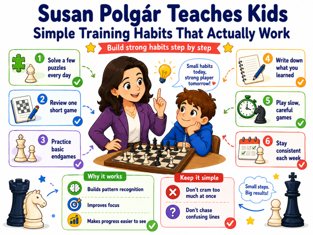 Susan Polgár is an excellent player for kids to study not only because of her games, but also because of what she represents as a learner and teacher. Her chess journey shows the power of steady training, pattern learning, and daily effort. For children, this is a very practical lesson.