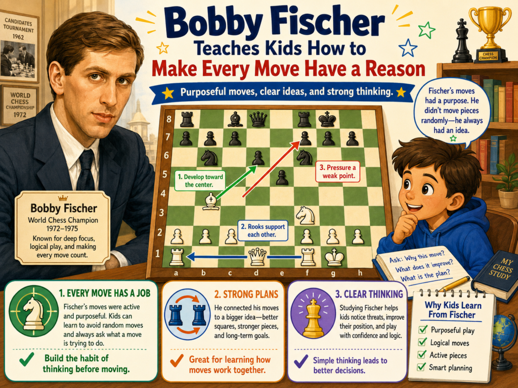 Bobby Fischer is one of the most famous chess players ever, and kids can learn a lot from his games when they are chosen with care. Some of his games are very deep, but many of his best lessons are simple and clear. He developed his pieces with purpose, fought for the center, protected his king, and looked for active play.