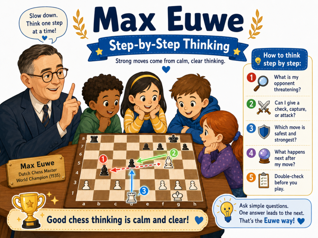 Max Euwe is a very useful player for children because his chess often feels logical. He was also a strong teacher, and that matters. Some champions played amazing moves that are hard to explain. Euwe’s games often show ideas in a way that young players can follow.