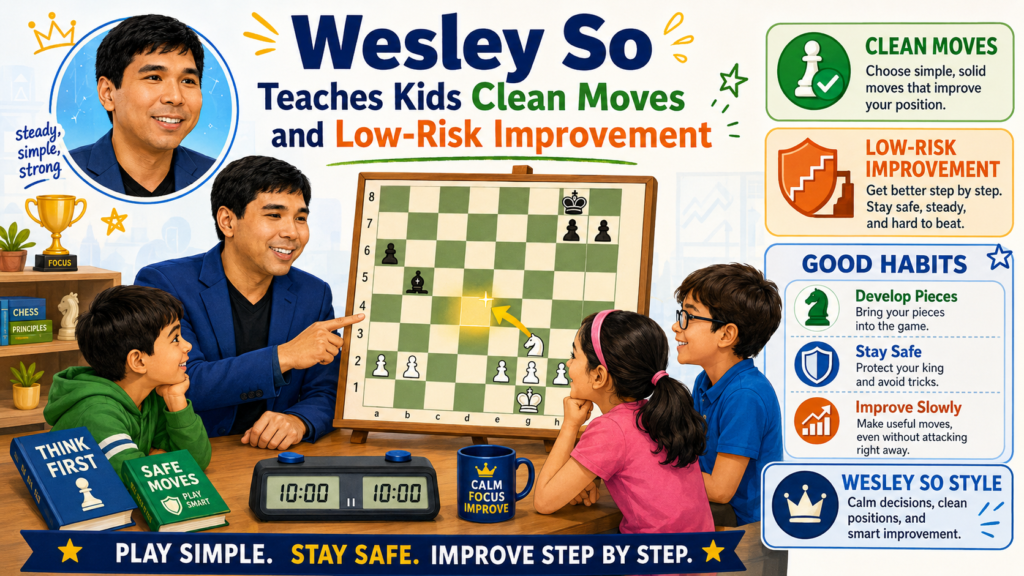 Wesley So is a wonderful modern player for kids because his chess is often very clean. He is known for strong, careful play. His games show that you do not need to create chaos to win. You can win by making good moves, avoiding weak spots, and slowly improving your position.