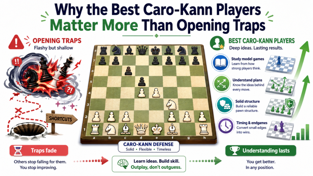 A lot of players learn the Caro-Kann in the wrong way. They try to remember long lines first. They watch one video, copy ten moves, and hope the same moves show up in their next game. That can work for one game, but it does not build real chess skill.