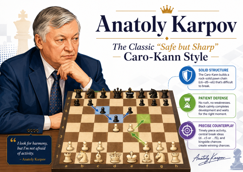 Anatoly Karpov is one of the best names to study if your child wants to understand the Caro-Kann deeply. He became world champion and was famous for making chess look simple, even when the position was full of hidden danger.