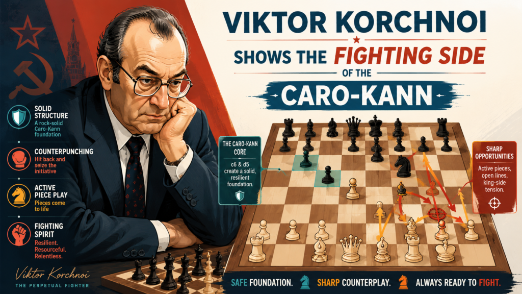 Viktor Korchnoi is a very different model from Karpov, and that is exactly why he matters. Karpov shows the calm side of the Caro-Kann. Korchnoi shows the fighting side.