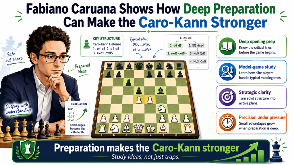Fabiano Caruana is one of the best prepared players in modern chess. He is known for deep opening knowledge, clear calculation, and serious work before the game. That makes him a useful model for Caro-Kann students, even when he is studying the opening from either side.