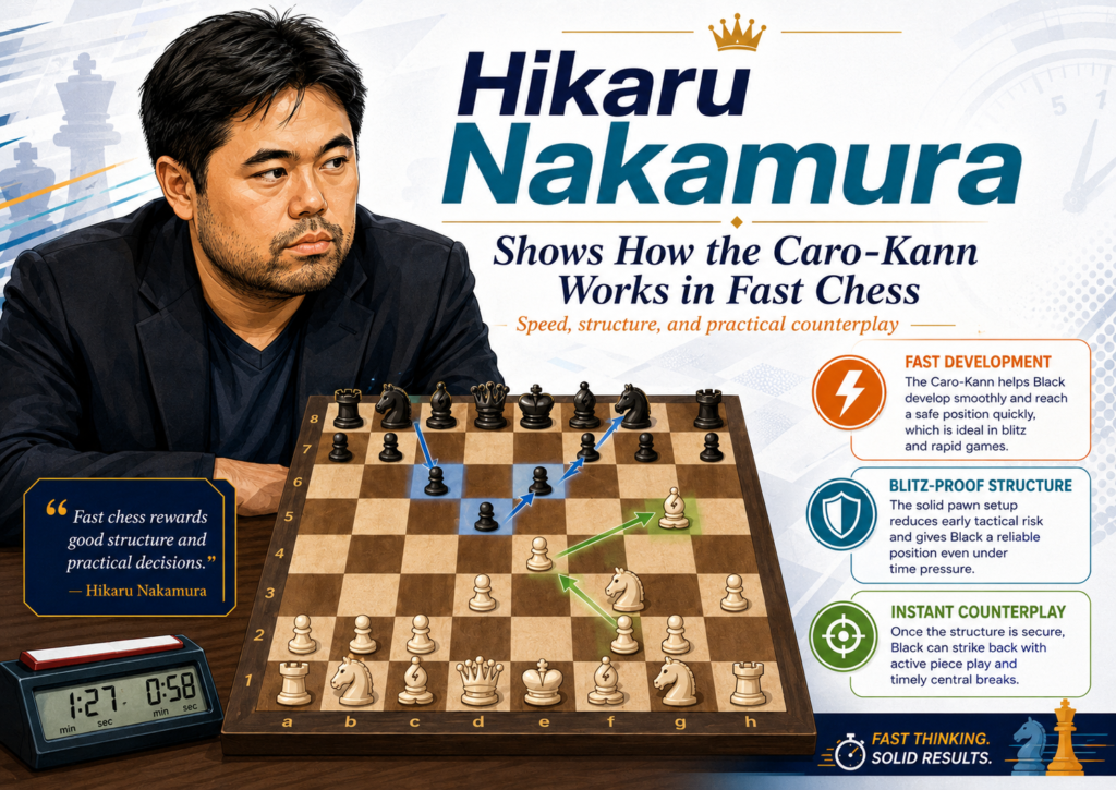 Hikaru Nakamura is one of the greatest fast chess players in the world. His games are useful because many kids today play online blitz and rapid games. In faster time controls, the Caro-Kann can be a very practical weapon.