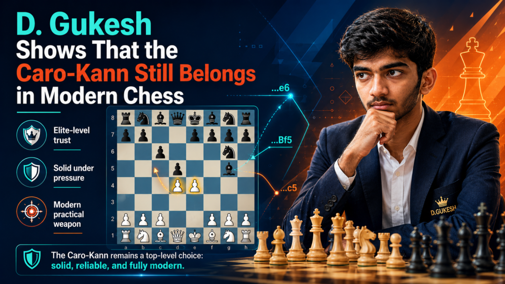D. Gukesh is one of the most important young names in modern chess, and his connection with sharp Caro-Kann battles makes this opening feel fresh for today’s students.