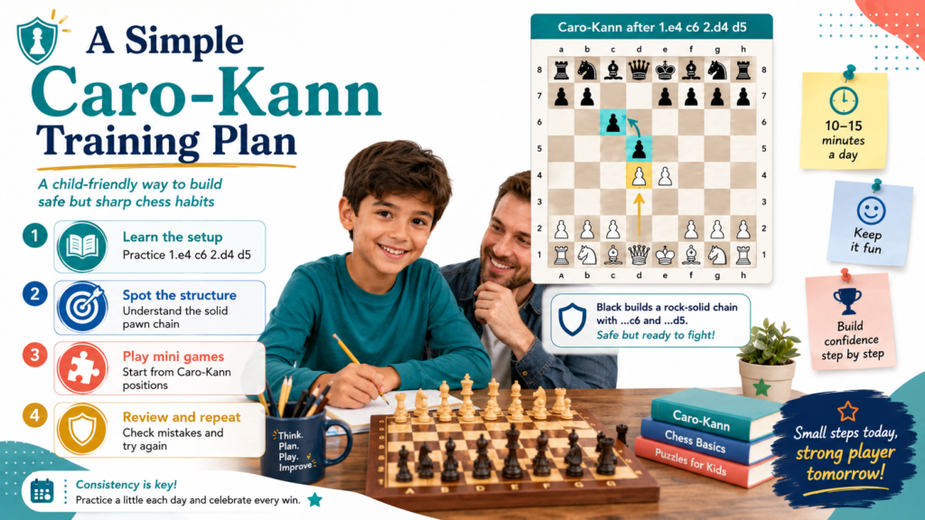 The best way to learn the Caro-Kann is not to study everything at once. That feels heavy, and it makes kids tired before they even start playing. A better way is to build the opening step by step, like building a small house. First the base, then the walls, then the rooms.