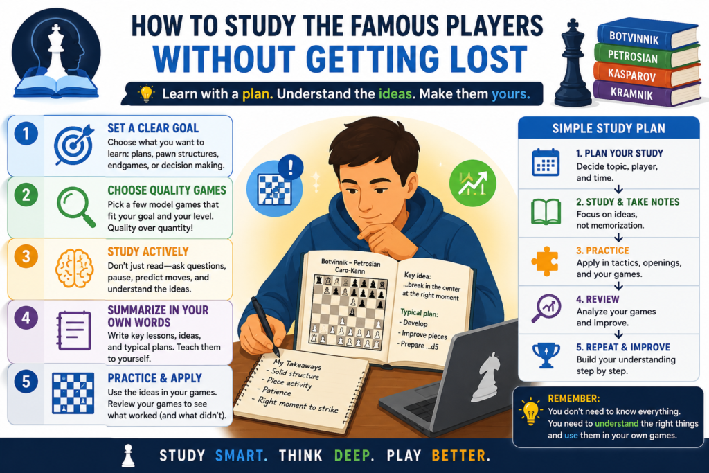 It is easy to say, “Study Karpov, Korchnoi, Carlsen, and Firouzja.” But how should a child actually do that? A young student should not open a database, click through fifty moves, and hope magic happens. That is not study. That is just watching pieces move.