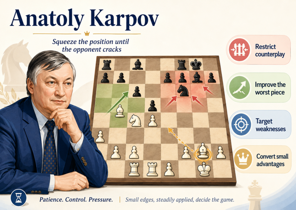 Anatoly Karpov is one of the best players to study for patient 1.d4-style chess. He was world champion from 1975 to 1985, and later FIDE world champion from 1993 to 1999. His games are famous for control. He could take a small edge and make it feel bigger with every move.