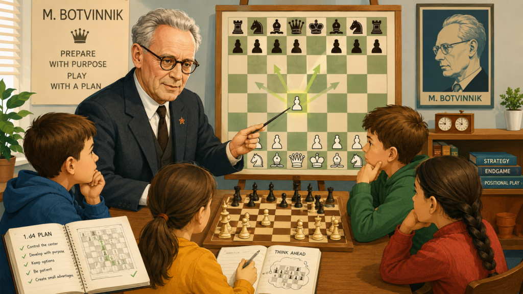 Mikhail Botvinnik is another giant name for any child learning 1.d4. He became the sixth world champion in 1948, and he later regained the title twice, in 1958 and 1961. His chess was built on hard work, clear plans, and serious preparation.