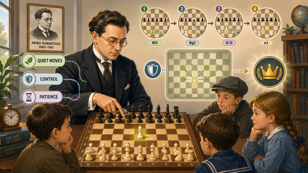 Akiba Rubinstein is one of the best players to study when a child wants to understand 1.d4 with real depth. He played in a time when chess was slower, cleaner, and full of long plans. His games are still loved because they show how a player can build pressure without noise.