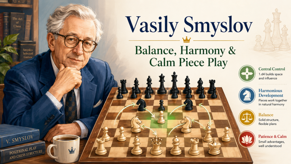 Vasily Smyslov was a world champion, and his chess had a smooth feeling. His pieces often looked like they were working together like a team. Nothing seemed forced. Nothing seemed rushed. That is why he is a wonderful player for children who are learning 1.d4.