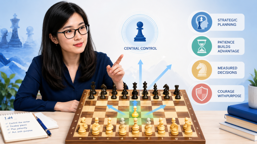 Hou Yifan is one of the strongest women players in chess history, and her games are full of clear ideas. She has played many kinds of positions, including d4 structures, and she is a great model for young students because her play combines control with courage.