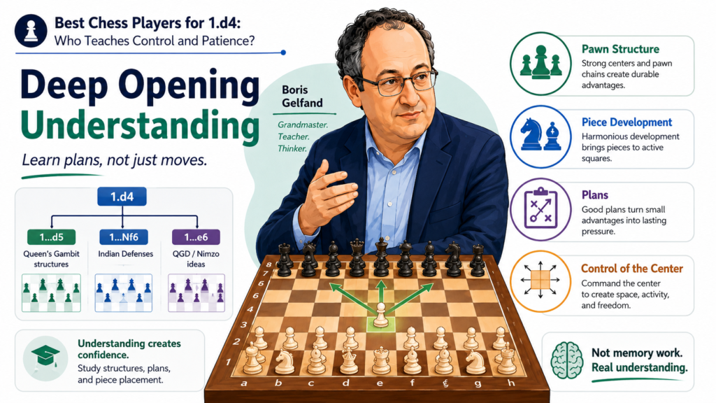 Boris Gelfand is one of the best modern players to study if a child wants to understand 1.d4 in a serious but practical way. He has played many rich d4 positions and has shown great skill in the Queen’s Gambit, Catalan-type structures, and other strategic openings.