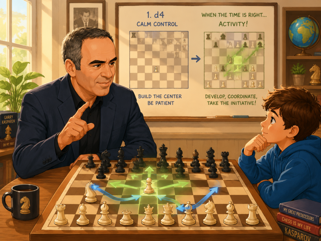 Garry Kasparov is often remembered for sharp attacks, deep opening work, and huge energy at the board. But that does not mean his chess was only wild. Many of his best games show a very important lesson for young 1.d4 players: strong attacks often start from strong control.