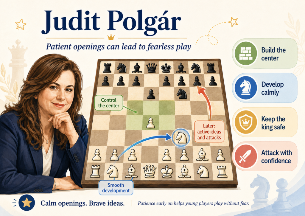 Judit Polgár is one of the most inspiring players in chess history. Her games are full of energy, courage, and clear calculation. Even when we talk about patient 1.d4 chess, her example is important because she teaches children not to confuse patience with fear.