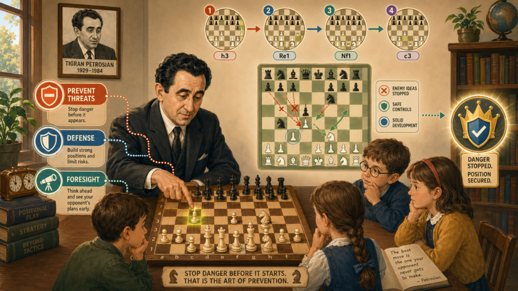 He could see danger early, stop it quietly, and make the other player feel stuck. For young 1.d4 players, this is a very useful lesson because many d4 positions are not won by one big attack. They are won by stopping the other side’s play first.