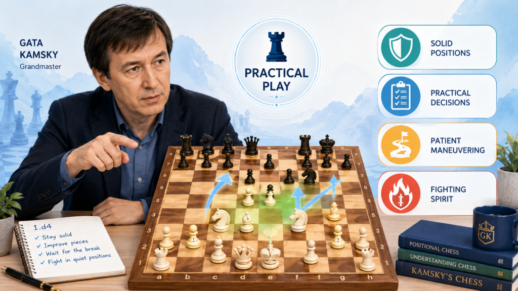 Gata Kamsky is a strong player to study because his games often show practical decision-making. He knows how to keep a game going, create problems, and make the opponent work. For children learning 1.d4, this is important because not every game will follow a clean plan from start to finish.