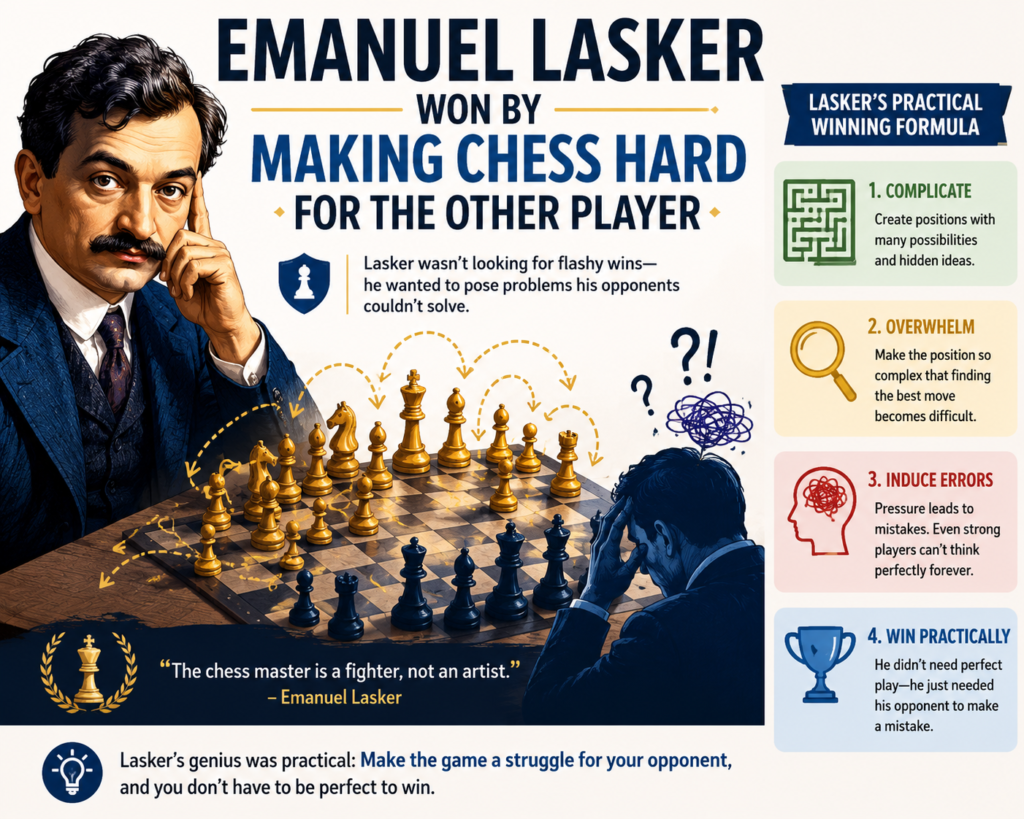 Emanuel Lasker is one of the best examples of a practical chess player. He held the World Championship title from 1894 to 1921, which is the longest reign of any official World Chess Champion. That alone tells us something important.