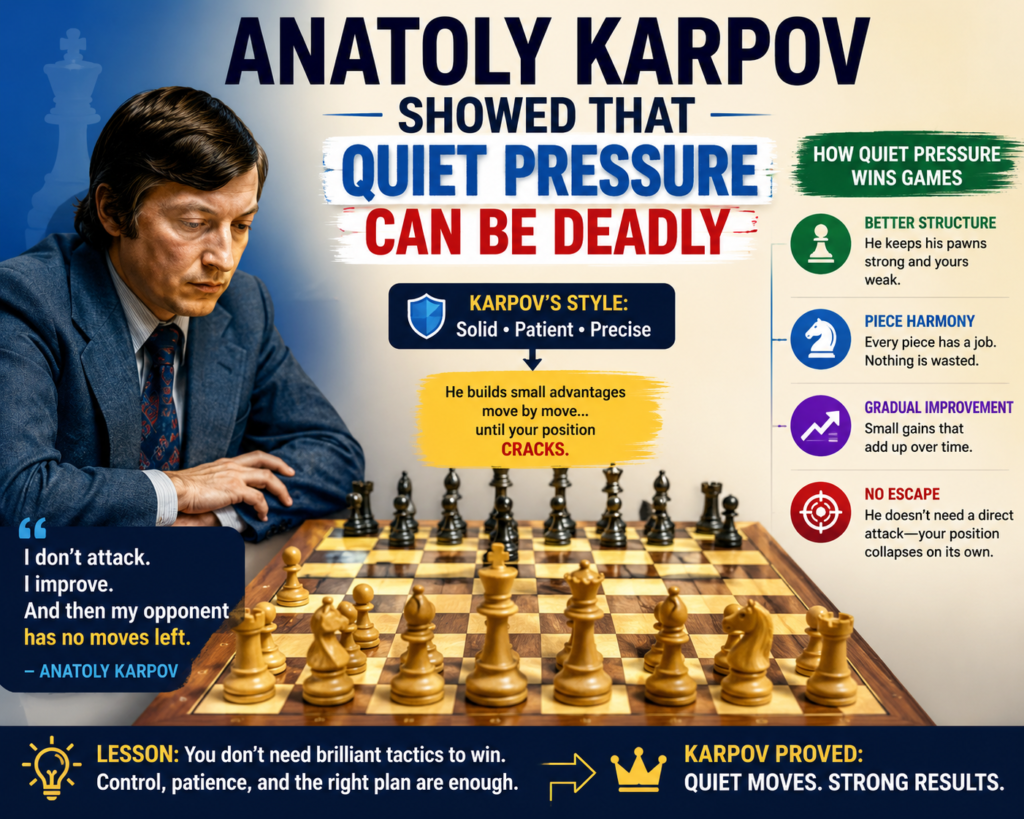Some chess players win with fireworks. Anatoly Karpov often won with a slow squeeze. His style was calm, clean, and very hard to face. He did not always need a big attack. He could take a small edge, improve his pieces, limit the other side, and slowly make the position harder and harder.