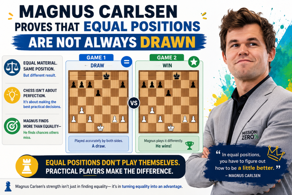 Magnus Carlsen is one of the clearest modern examples of practical chess. Many of his wins look strange to beginners because nothing huge seems to happen at first. The position may look equal. The pieces may look normal. There may be no direct attack.