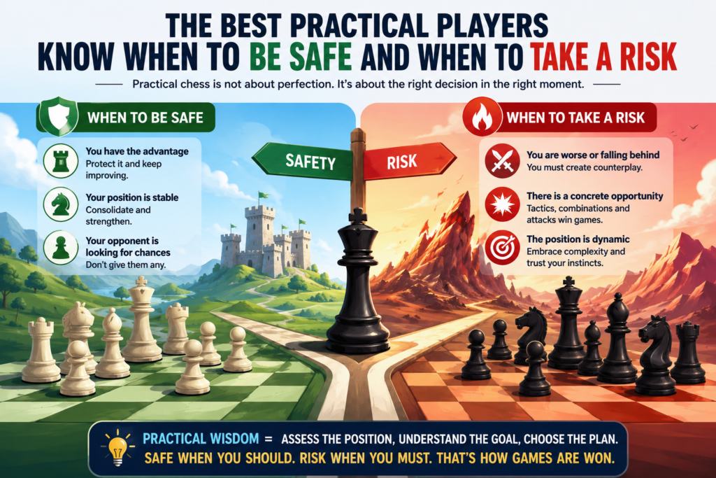 A bad risk is a move you play because you are bored, scared, or hoping the opponent misses something. A good risk is different. A good risk creates real problems. It may not be perfect, but it gives the opponent a hard path.