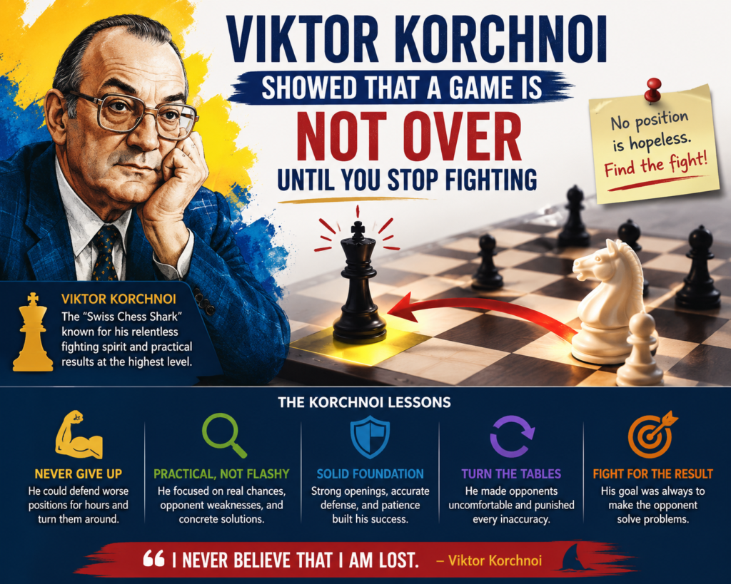 Viktor Korchnoi is one of the greatest fighters in chess history. Britannica describes him as a world chess championship contender and one of the fiercest competitors the game has seen. FIDE has also praised his lasting fighting spirit and his deep love for chess.