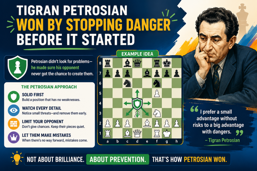 Tigran Petrosian became the ninth World Chess Champion and is widely remembered as one of the greatest defensive players in chess history. His style is often linked with prophylaxis, which means stopping the opponent’s plan before it becomes dangerous.