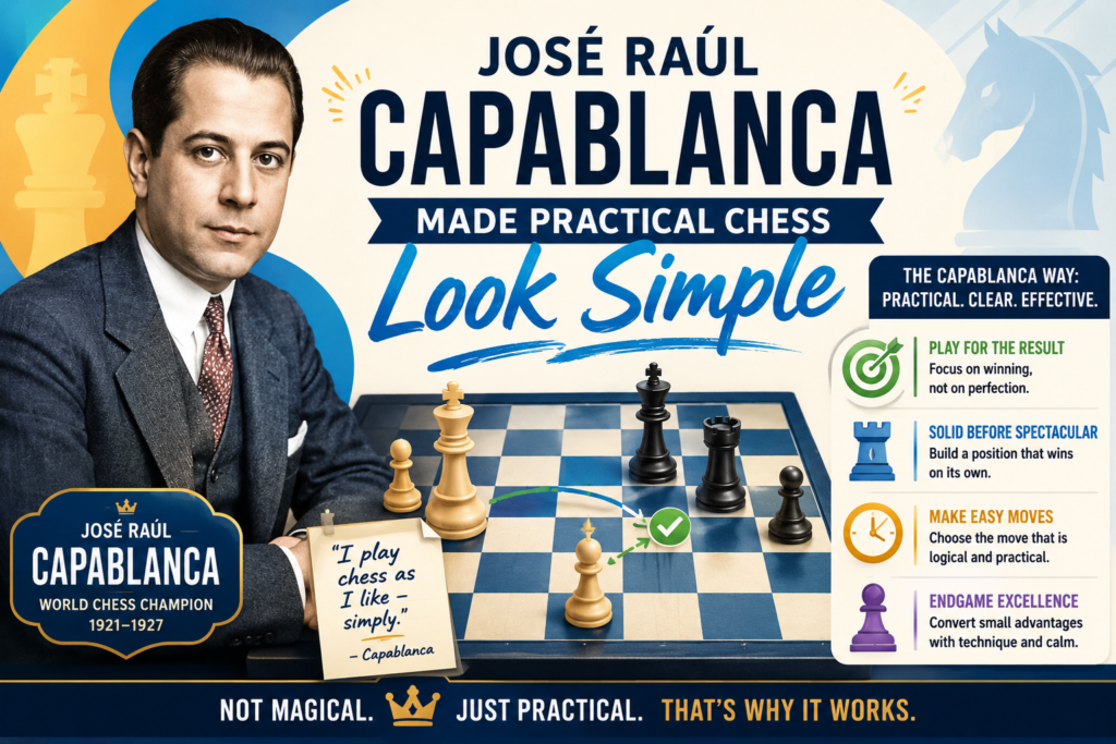 José Raúl Capablanca was the third World Chess Champion, and many players still study him because his chess looks so clean. His games often feel simple, but that is what makes them so hard to copy. He knew where the pieces belonged. He knew when to trade. He knew how to turn a small edge into a clear endgame.