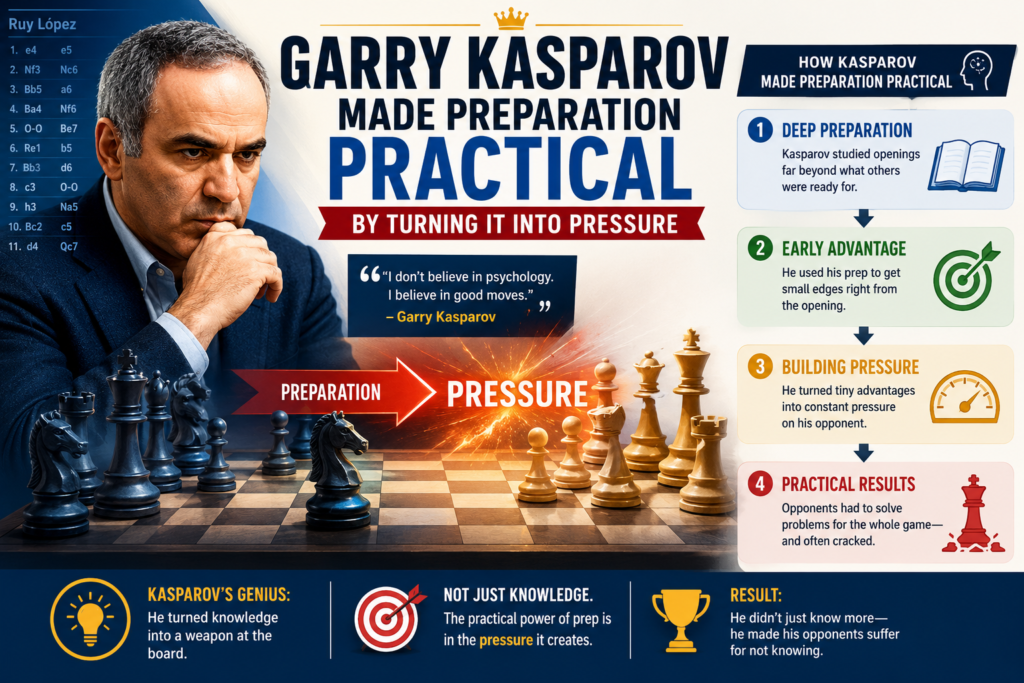 Garry Kasparov is known for powerful preparation and fierce attacks. But his practical gift was not just that he knew many moves. It was that he used preparation to create pressure his opponents could feel at the board.
