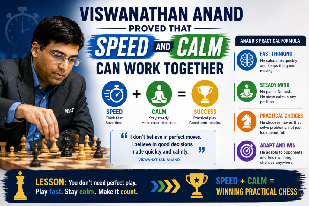 Viswanathan Anand is a wonderful example of practical chess because he combined quick thinking with deep understanding. He could play fast without playing carelessly. He could stay calm in sharp positions. He could move with confidence because he saw patterns clearly.