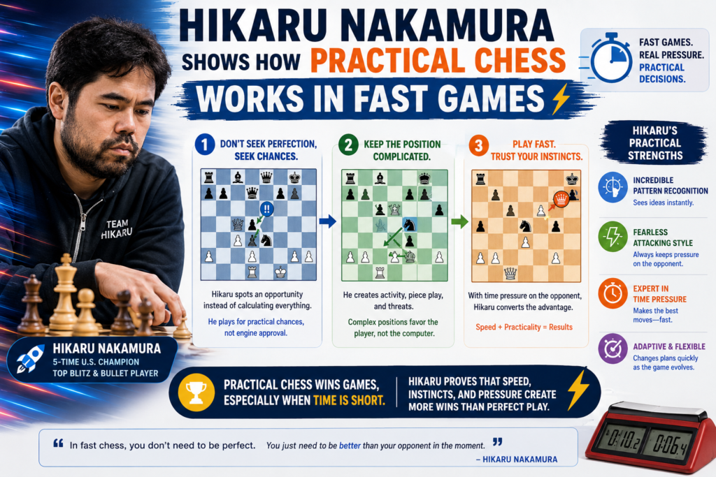 Hikaru Nakamura is famous for speed chess, online chess, and sharp practical play. In fast games, there is very little time to search for perfection. A player must make strong, useful moves quickly. This is where practical chess becomes easy to see.