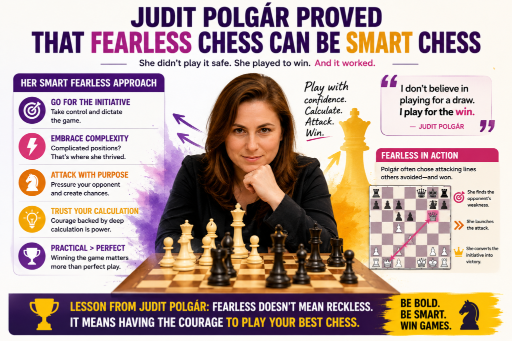 Judit Polgár is one of the greatest attacking players in chess history. She showed that fearless chess does not mean careless chess. Her attacks were full of energy, but they were also based on strong piece play, clear threats, and deep calculation.