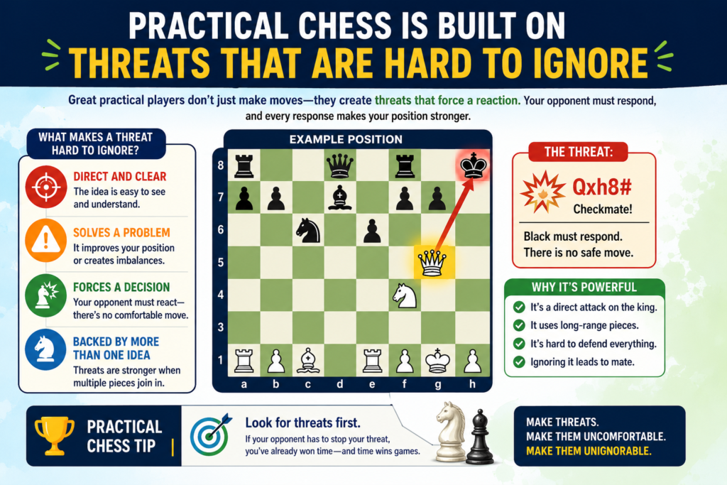 A practical chess player knows how to make the opponent uncomfortable. This does not always mean a wild attack. Sometimes it means creating a small threat that cannot be ignored. Sometimes it means placing a knight on a strong square. Sometimes it means attacking a pawn that is hard to defend.
