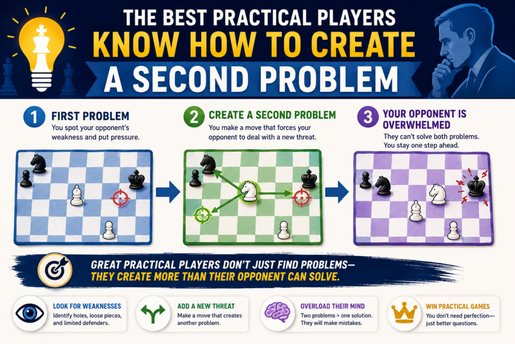 One threat can be stopped. Two threats are harder. This is why the best practical chess players often create positions where the opponent has more than one thing to worry about.