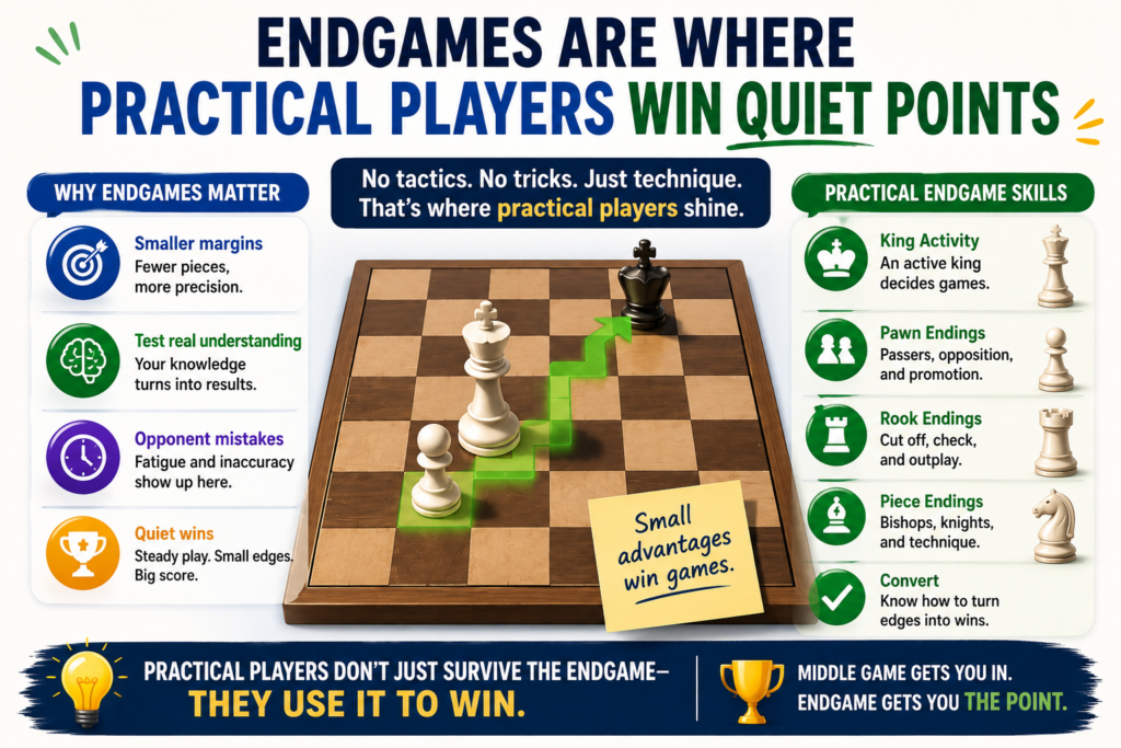In the endgame, there are fewer pieces, but the choices are still very important. A king can become strong. A pawn can become a queen. One wrong trade can change the result. One active rook can make a huge difference.