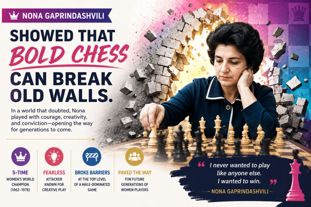 Nona Gaprindashvili was not satisfied with being great only in women’s chess. She wanted to test herself against strong players in open events too. That choice matters because it changed how people saw women in chess.