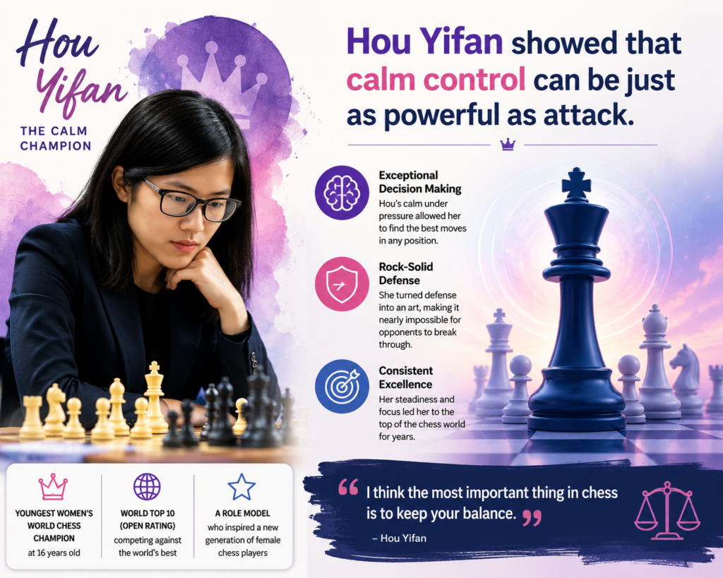 Hou Yifan became one of the most impressive chess talents of the modern era. She won the Women’s World Chess Championship in 2010 at age 16, making her the youngest Women’s World Chess Champion, and she later won the title again in 2011, 2013, and 2016.