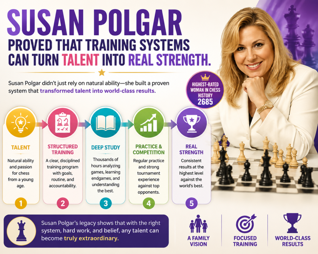 Susan Polgar’s story is one of the best examples of how strong training, family support, and clear goals can shape a chess life. She became the Women’s World Chess Champion from 1996 to 1999.