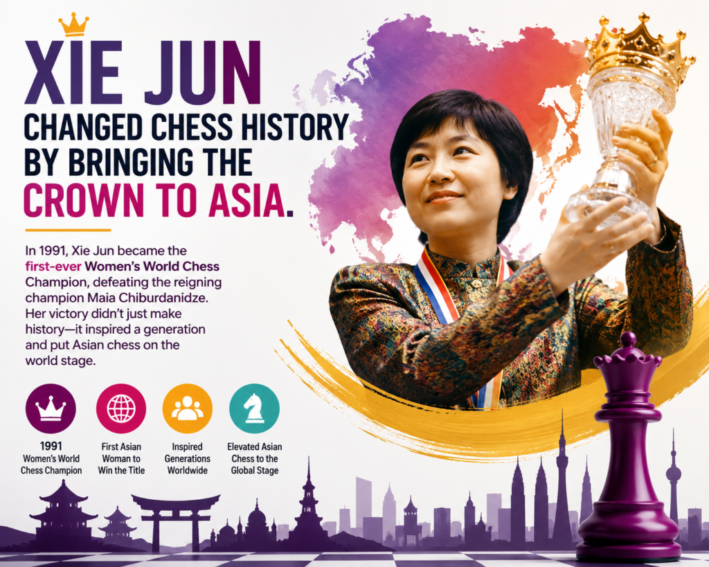 Xie Jun made history in 1991 when she became the first player from Asia to win the Women’s World Chess Championship. The World Chess Hall of Fame describes her as a trailblazer who ended a long Soviet hold on the women’s world title.