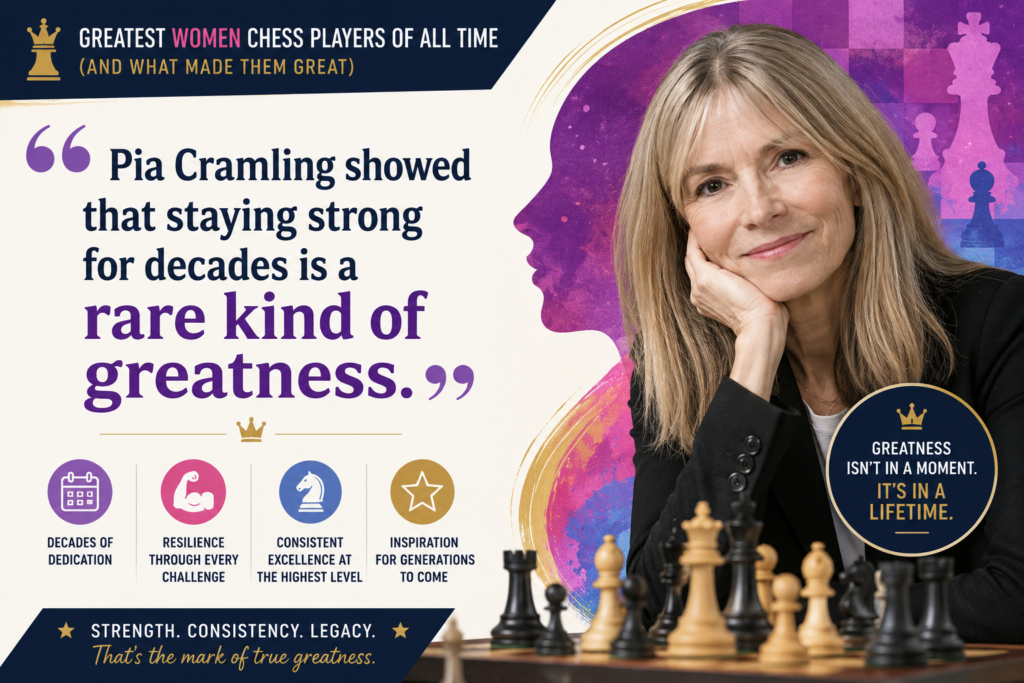 Many players shine for a few years. Pia stayed strong across many eras, many styles, and many new generations of players. FIDE lists her as a Grandmaster, with the GM title awarded in 1992, and notes that she became the fifth woman to earn that title.