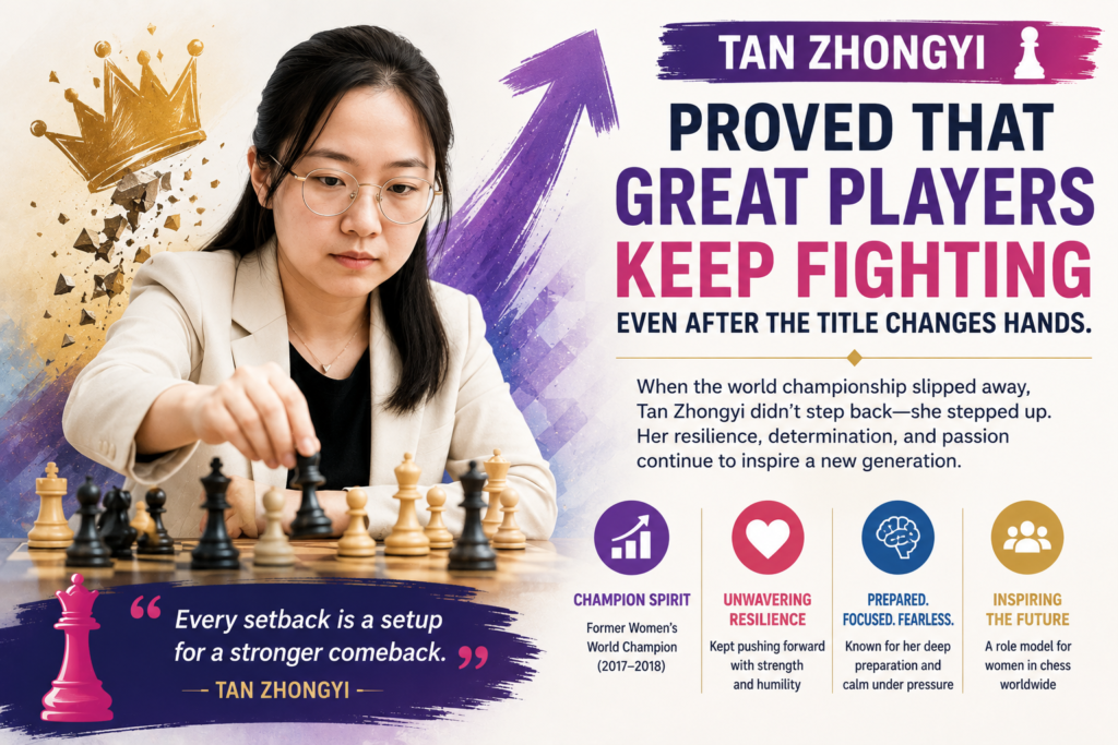 Tan Zhongyi became Women’s World Champion in 2017 after winning the knockout world championship and defeating Anna Muzychuk in the final. FIDE describes her as a Chinese Grandmaster, a former Women’s World Champion, and one of the best players of her generation.