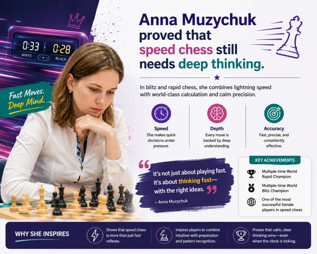 Anna Muzychuk is one of the strongest women players of her generation. FIDE describes her as the fourth woman in history to reach 2600 Elo points and says she became a three-time world champion in faster time controls, winning the Women’s World Blitz title in 2014 and completing a rapid and blitz double in 2016. 