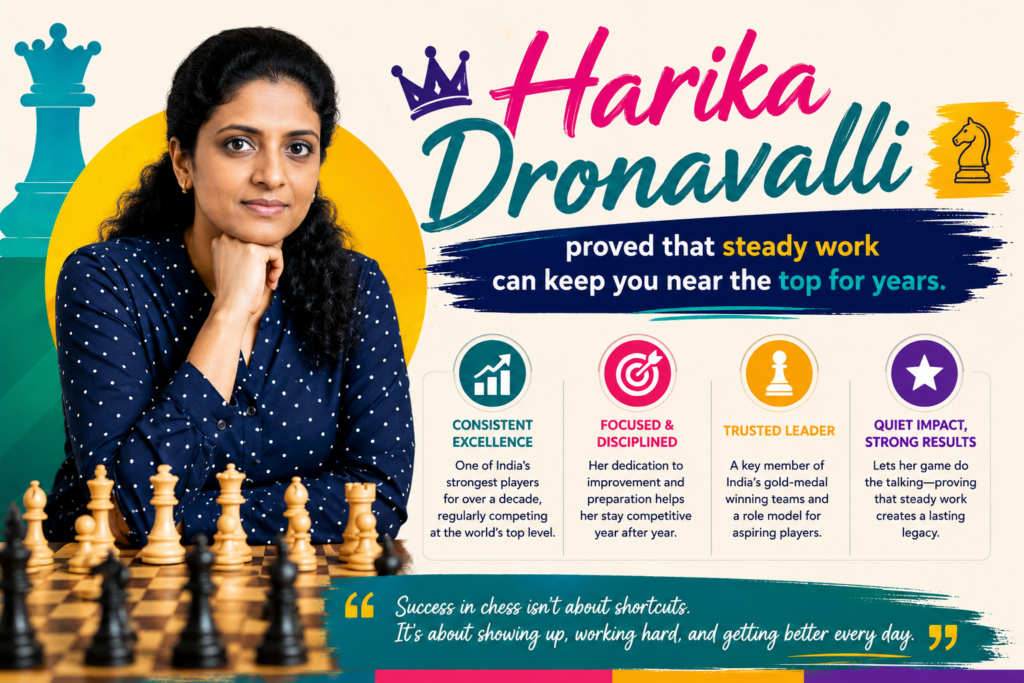 Harika Dronavalli is one of India’s most respected chess players. FIDE lists her as a Grandmaster, with the GM title awarded in 2011. Her FIDE Women’s Grand Prix profile also notes that she became World Under-20 Champion in 2008 and won three bronze medals in the Women’s World Chess Championship, in 2012, 2015, and 2017.