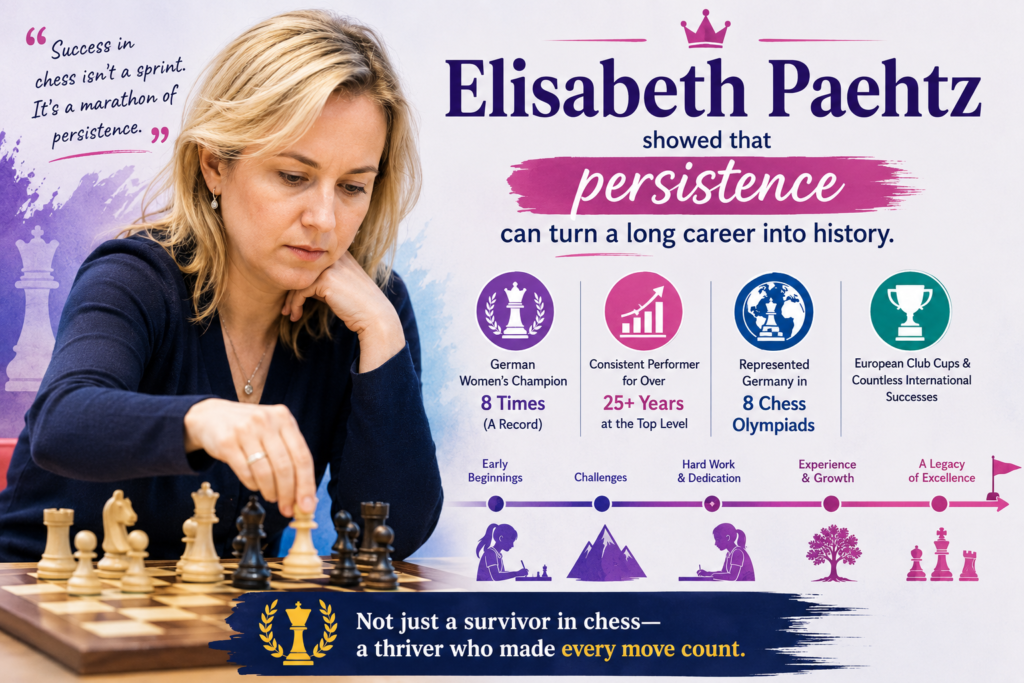 Elisabeth Paehtz is one of Germany’s strongest female chess players. FIDE lists her as a Grandmaster, with the GM title approved in 2022. Her FIDE profile also shows her earlier titles, including Woman International Master in 1998, Woman Grandmaster in 2001, and International Master in 2004.