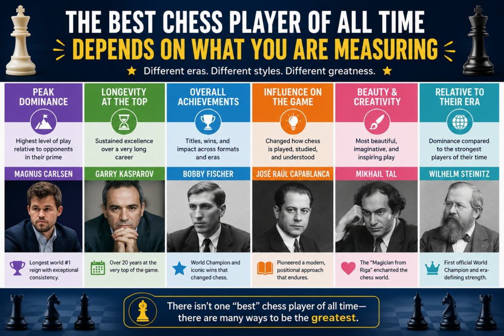 When people ask, “Who is the best chess player of all time?” they often want one clean answer. They want a name they can remember. They want a winner. But chess is not like a race where every player runs on the same track, on the same day, with the same shoes.